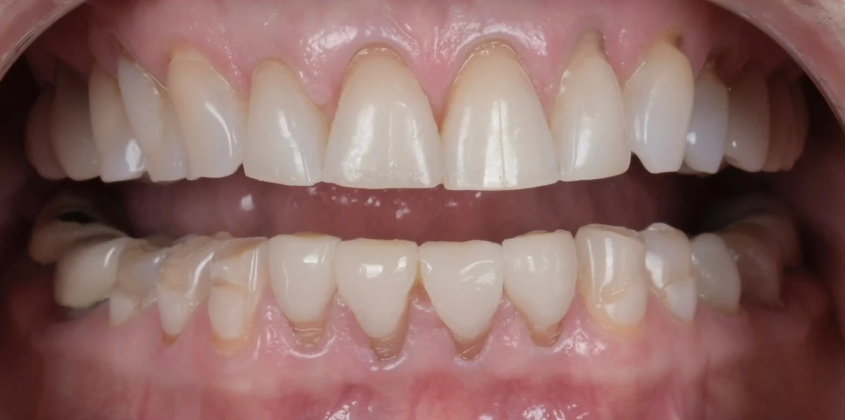 Close-up of teeth showing plaque buildup and gum recession on lower front teeth.