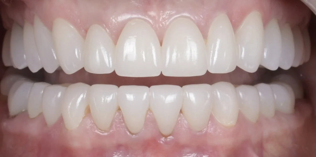 Close-up of clean, white upper and lower teeth with healthy pink gums.